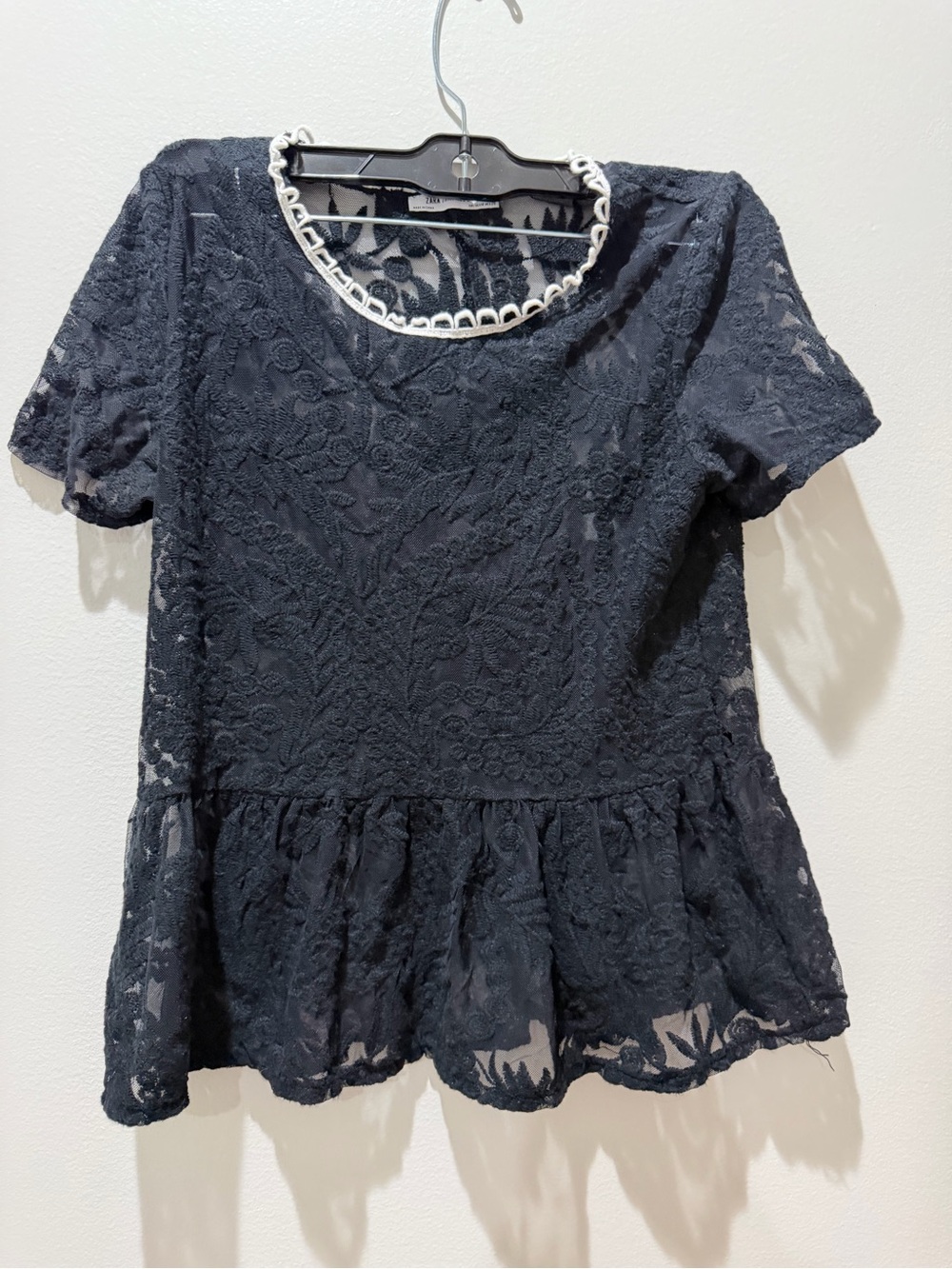 Zara Black Lace Peplum Top with White Trim